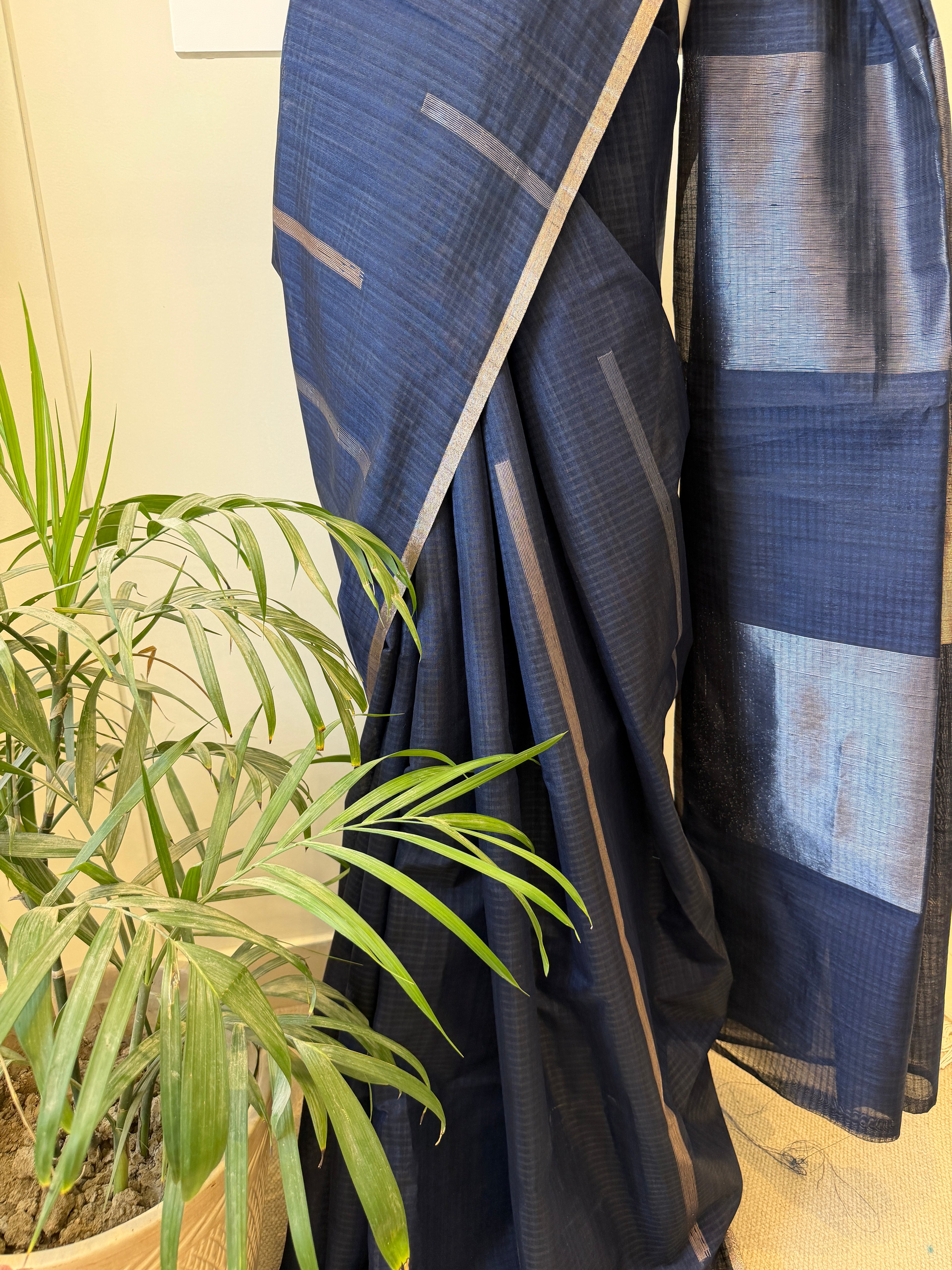 Handloom Tussar Silk Saree with Metallic Stripe Accents & Statement Pallu – Midnight Blue