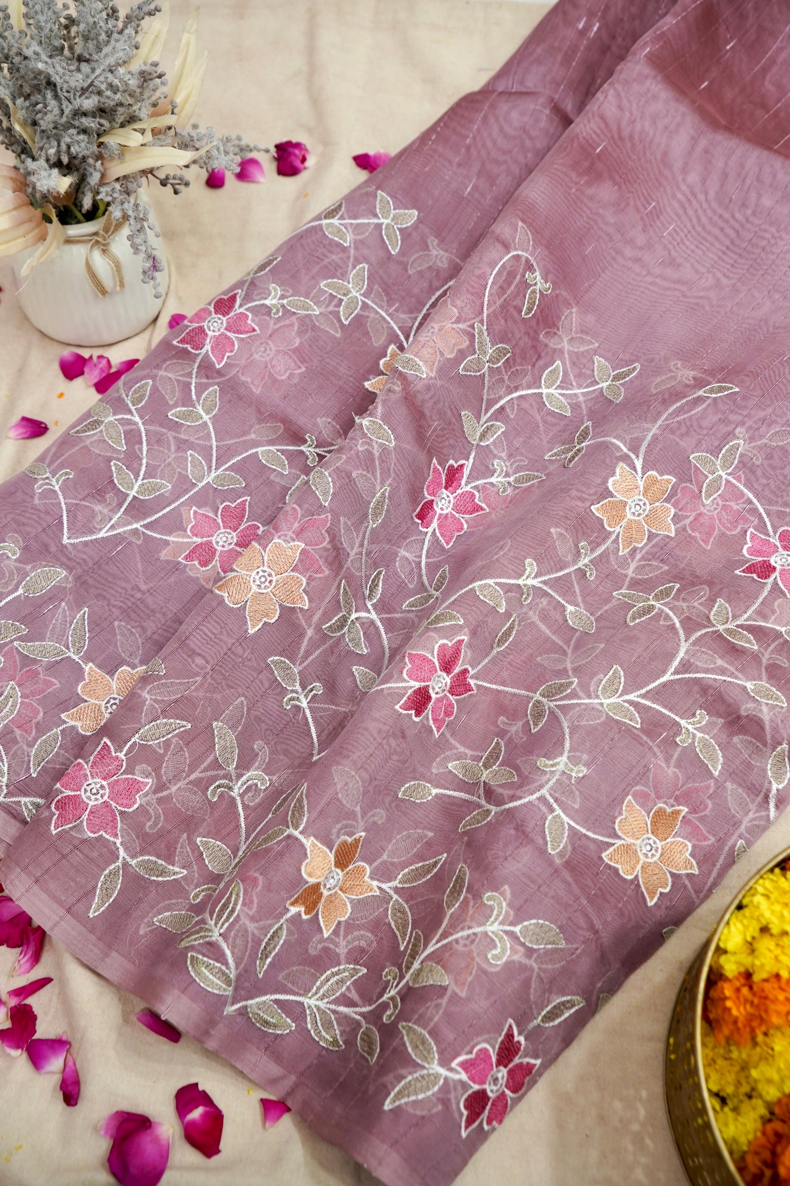 Raw Silk Saree with Flower and Petal Embroidery - Dusty Lavender