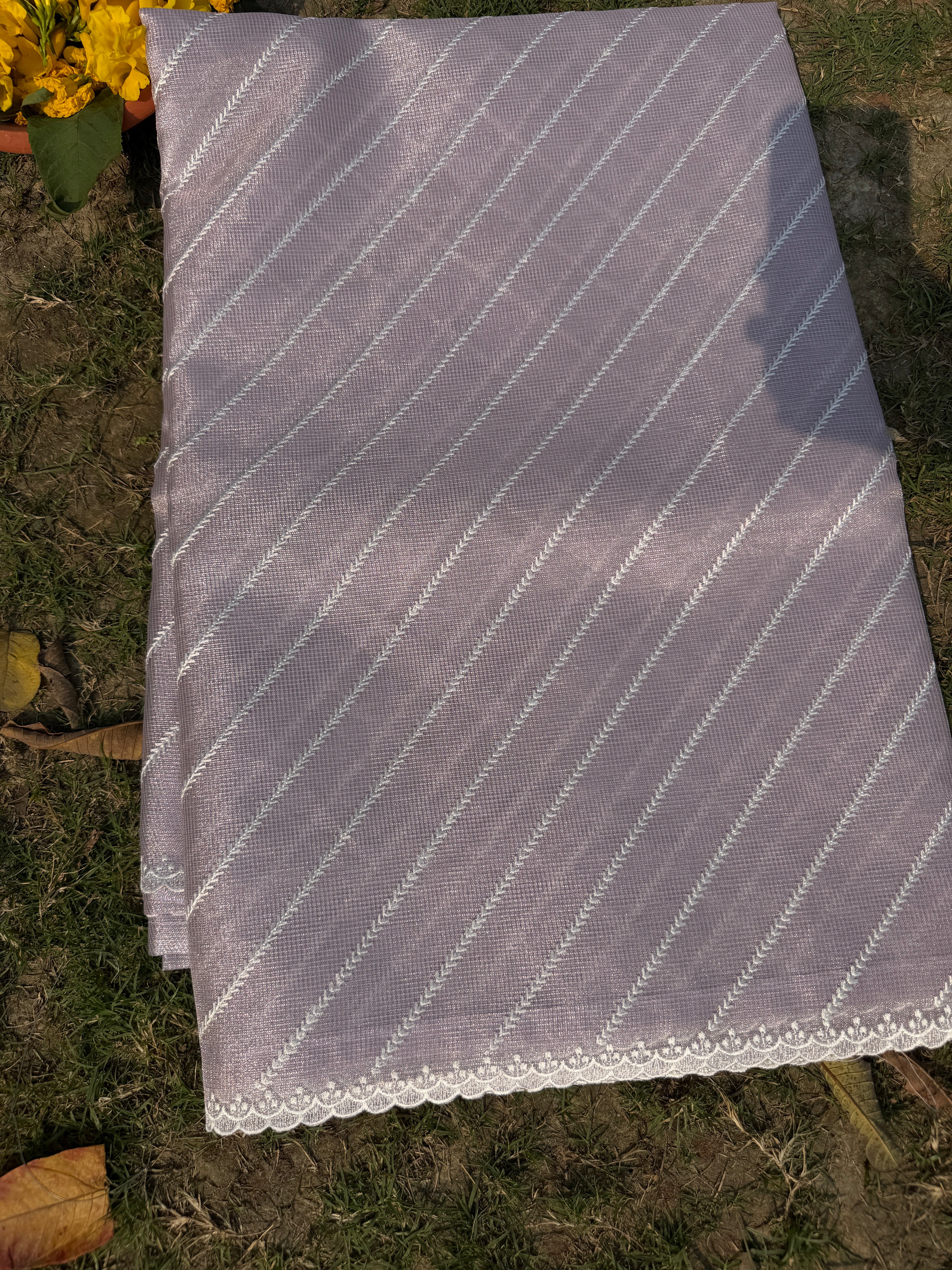 Tissue Saree with Diagonal Thread Embroidery- Lilac