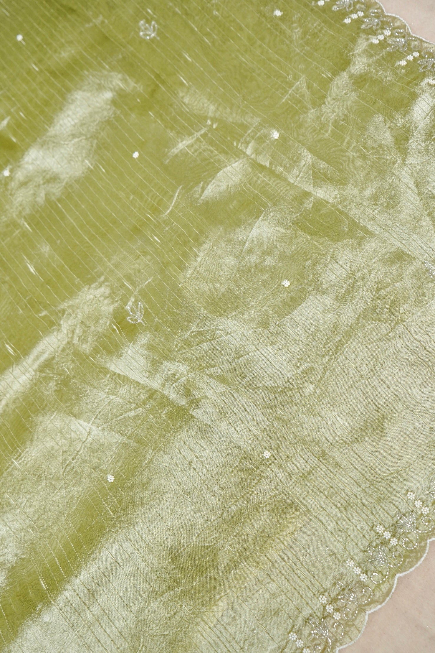 Raw Silk Saree with Handcrafted Zardozi Embroidered Border & Buti Detailing – Pista Green