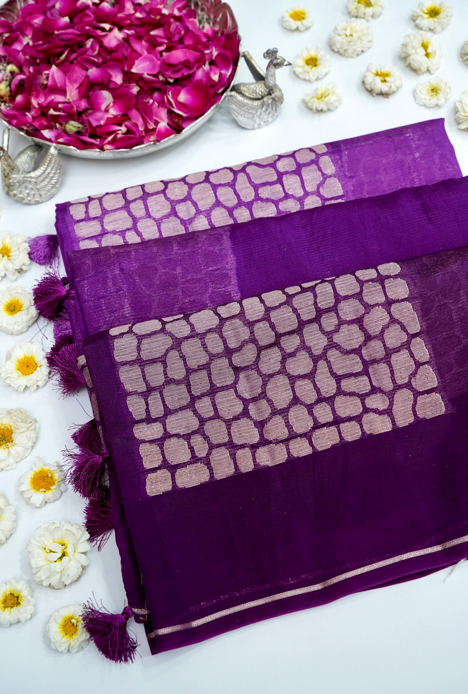 Ombré Paper Silk Saree with Geometric Square Motifs – Purple