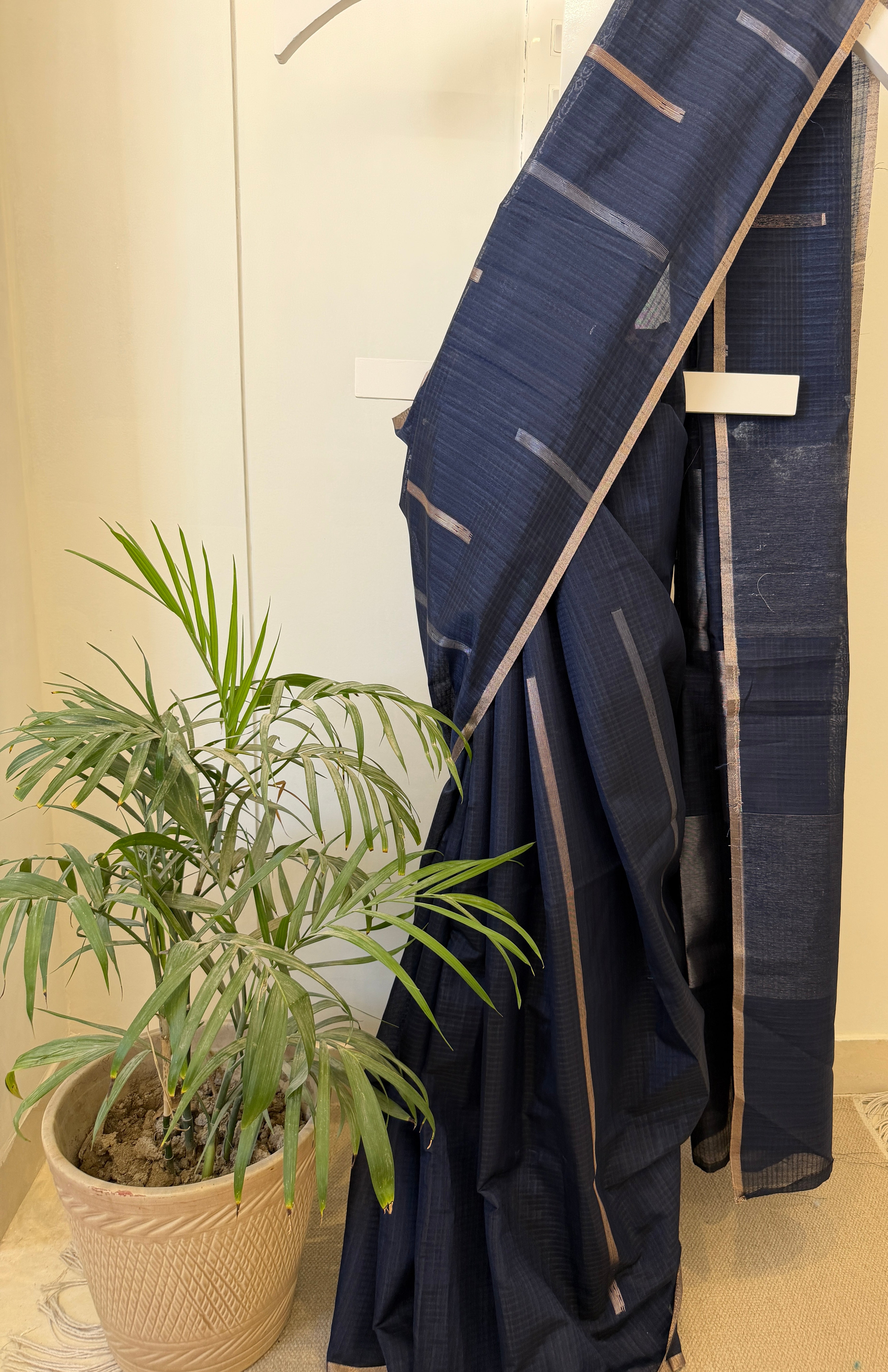 Handloom Tussar Silk Saree with Metallic Stripe Accents & Statement Pallu – Midnight Blue