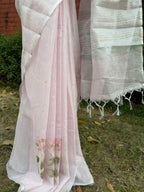 Linen Saree Floral Embroidery with Mirror Work – Blush Pink
