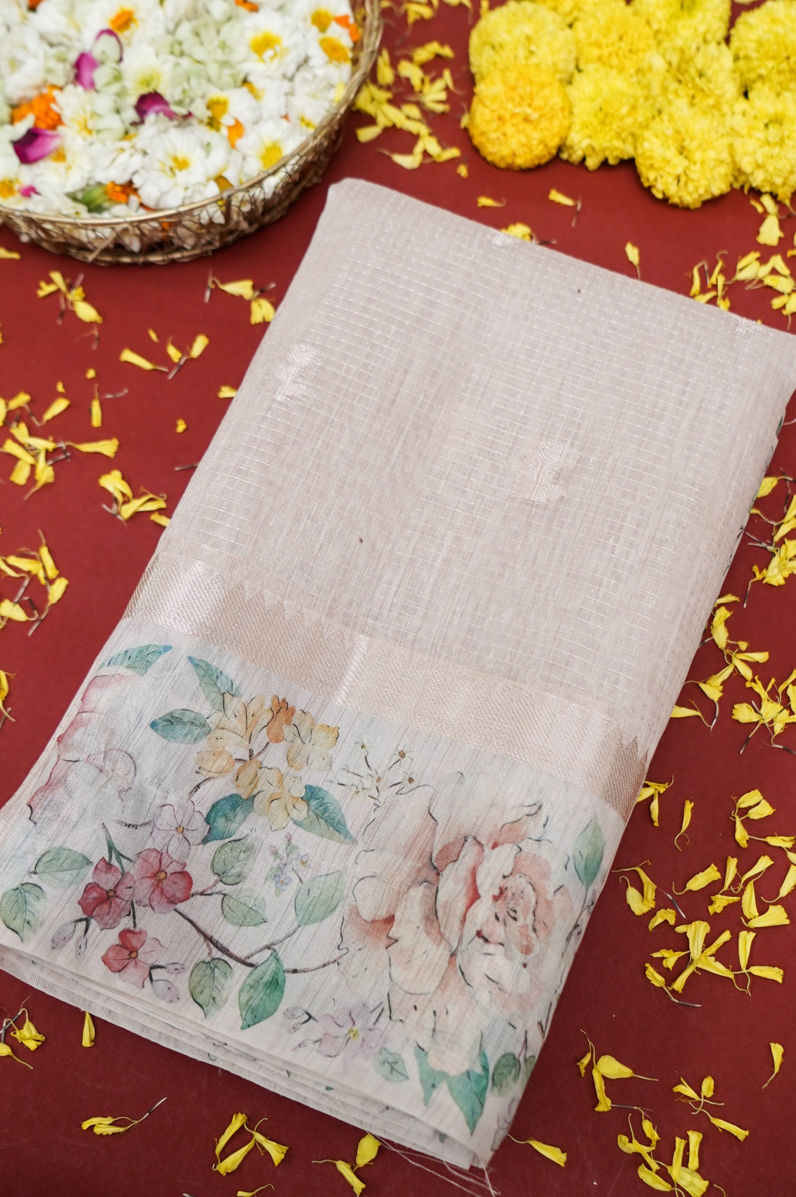 Linen Saree with Digital Floral Print – Soft Peach