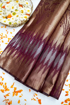 Tissue Silk Saree with Ikat-Inspired Weaving & Floral Buta – Antique Gold & Wine