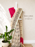Linen Cotton Saree with Digital Floral & Bird Print – Beige & Rani Pink