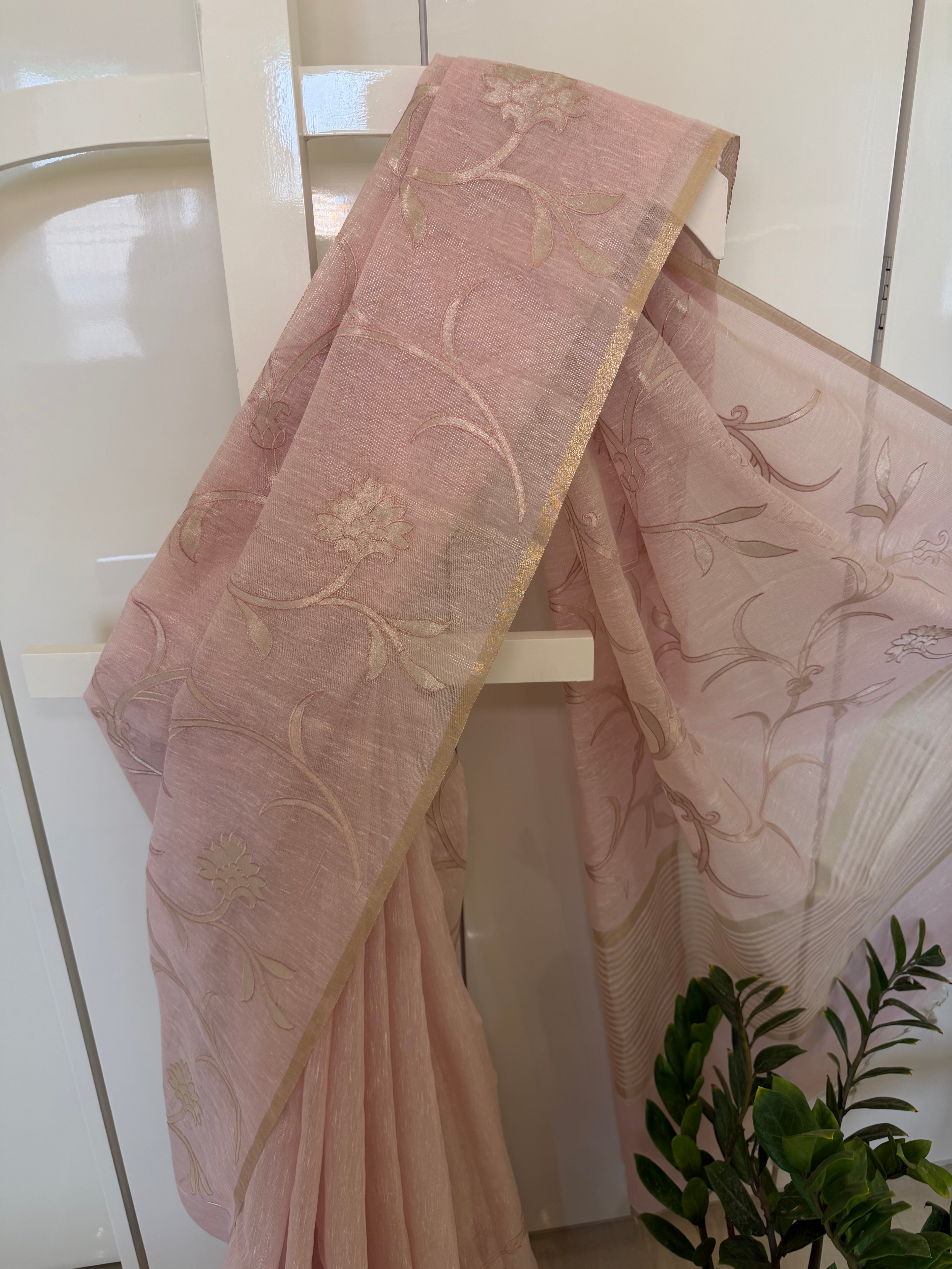 Pink Appliqué Linen Tissue Saree