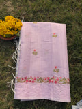 Linen Saree with Floral Embroidery – Lilac