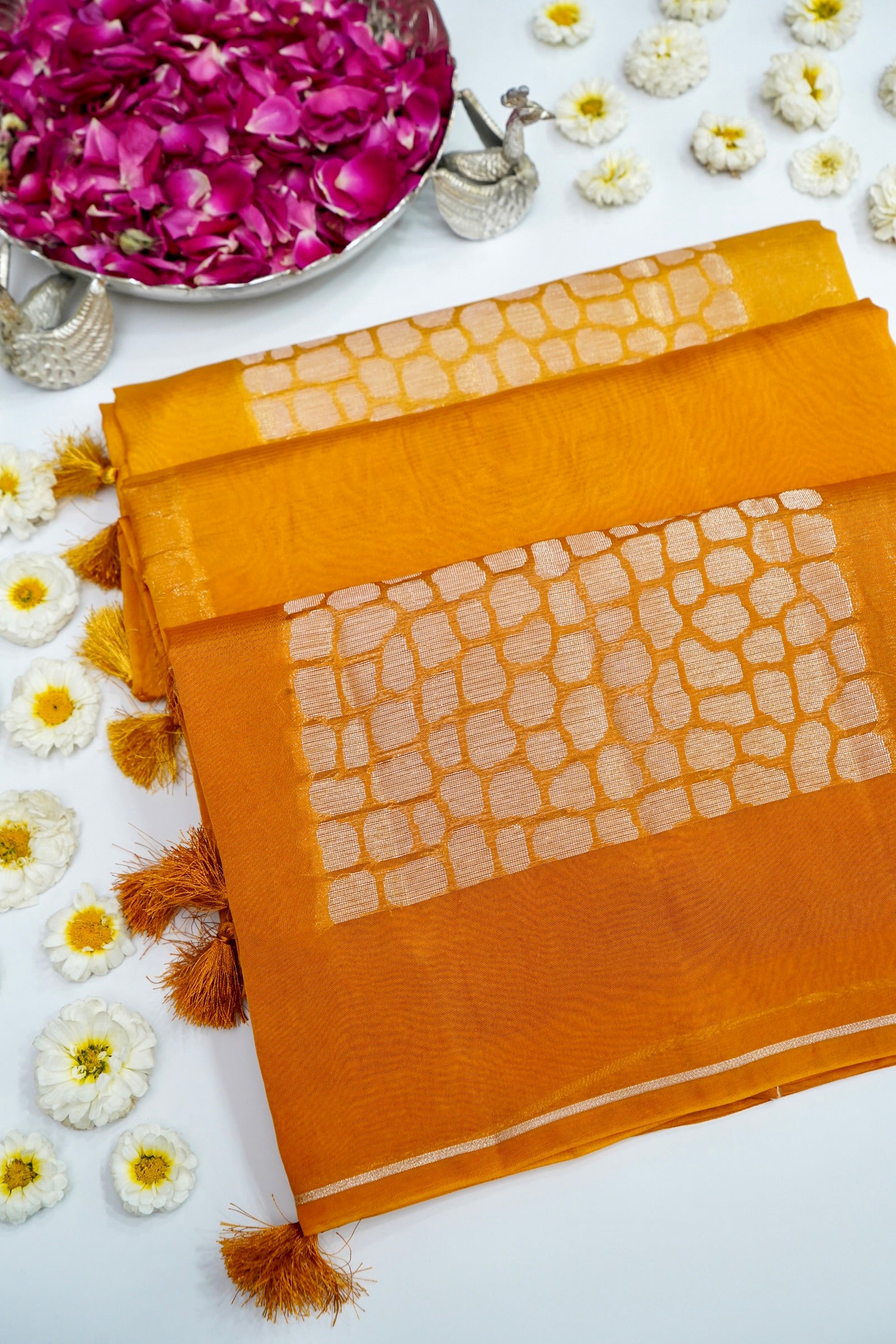Ombré Paper Silk Saree with Geometric Square Motifs – Mustard Glow