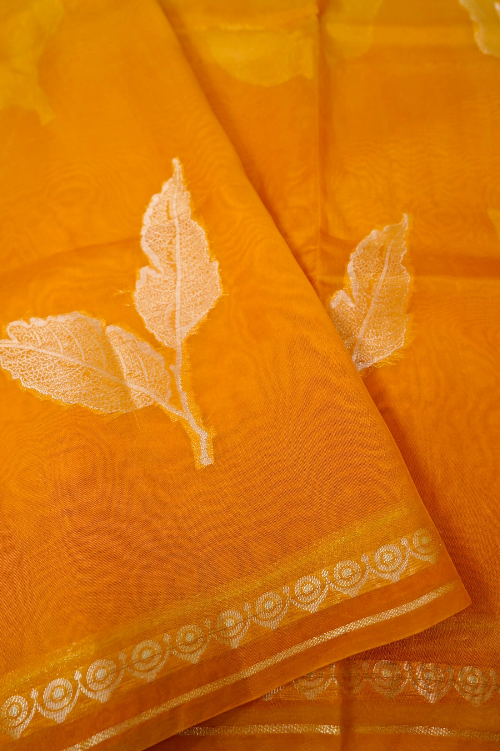 Ombré Paper Silk Saree with Woven Leaf Motifs  – Mustard Glow