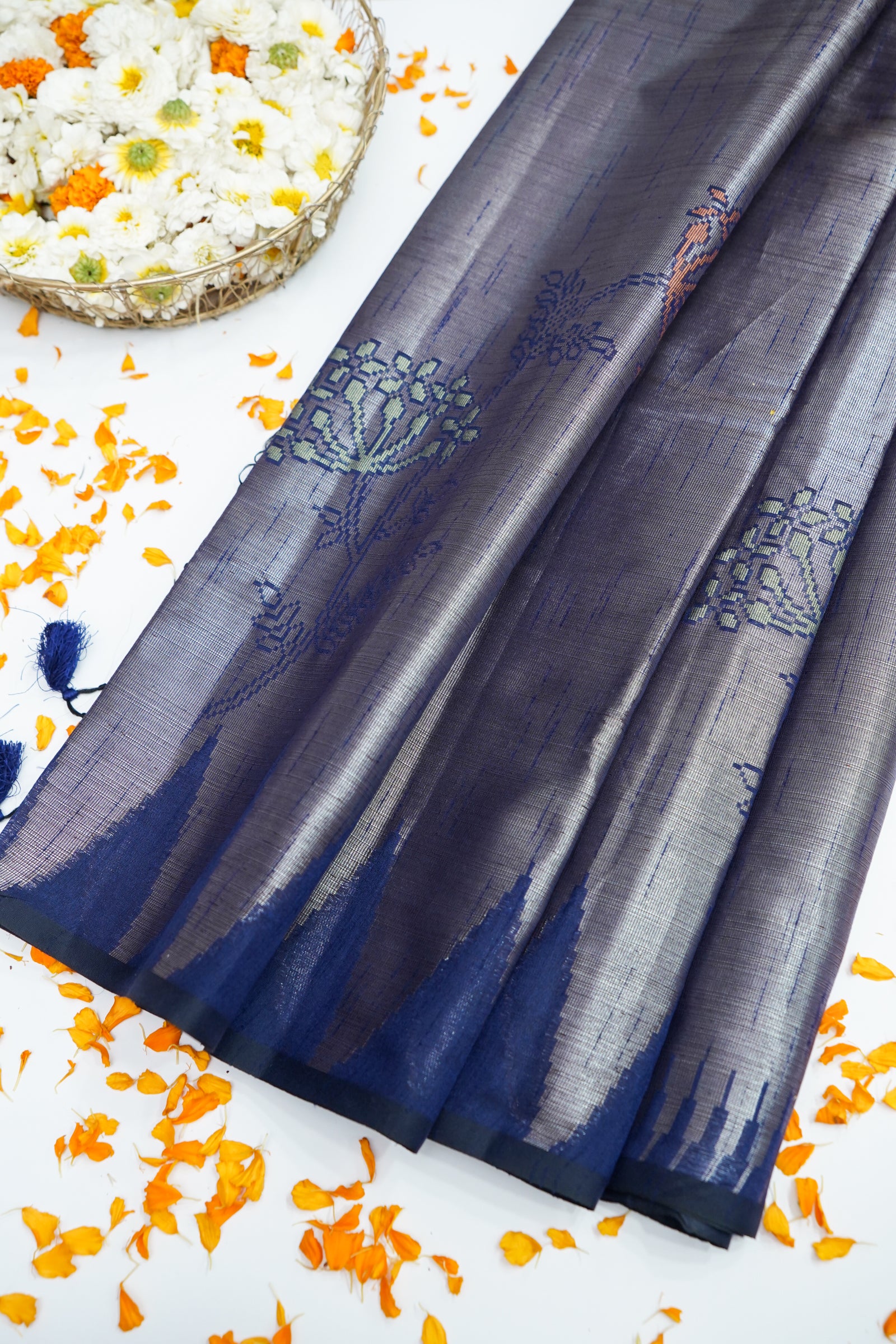 Tissue Silk Saree with Floral Weaving & Temple Border – Antique Gold & Blue