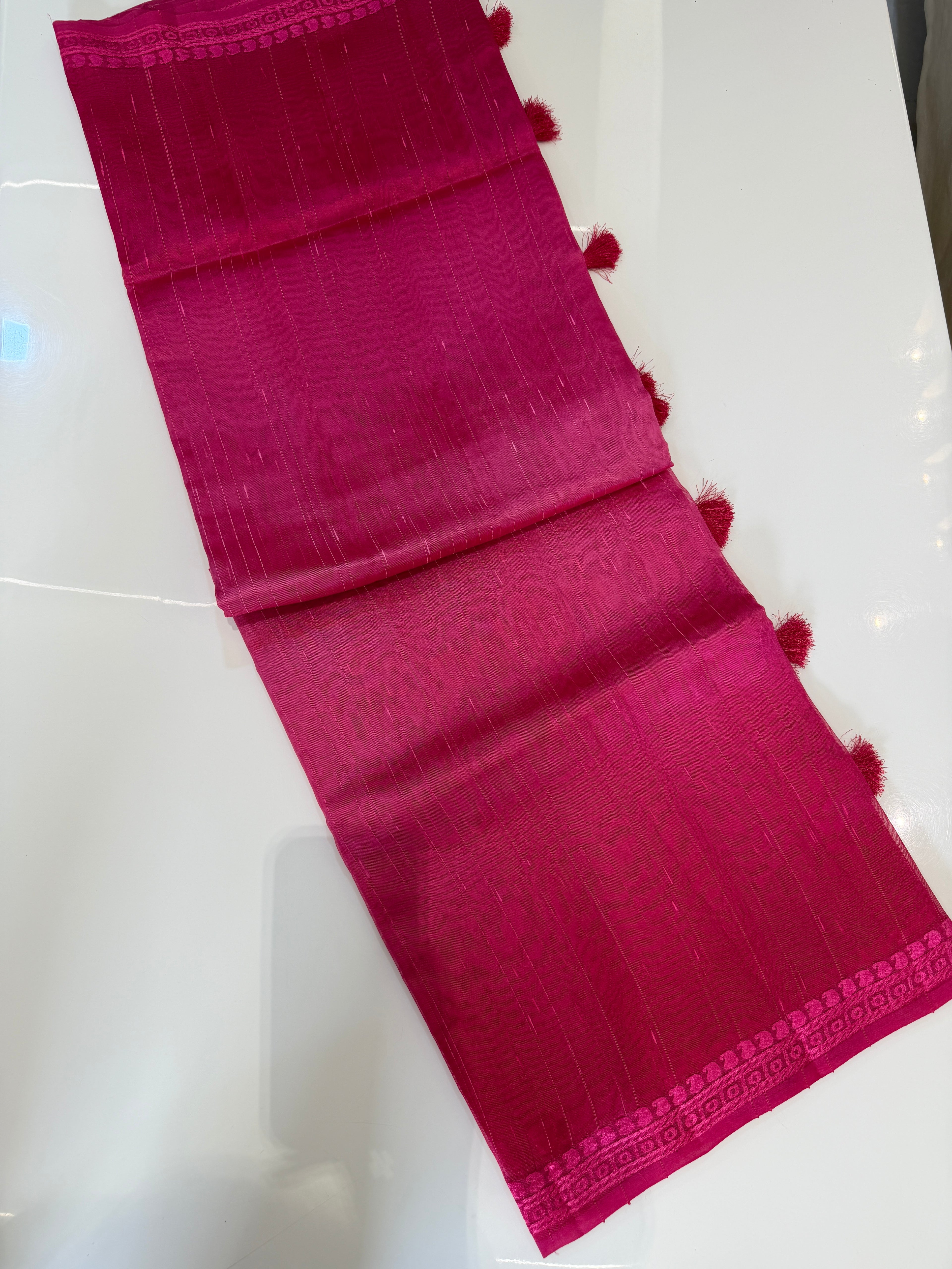 Ombre Raw Silk Organza with Embroidered Border – Pink