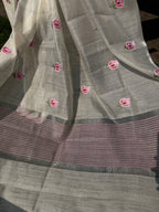 Linen Tissue Saree with Rose Embroidery- Pink
