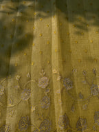 Linen tissue saree with applique work and scallop border - Lemon Yellow