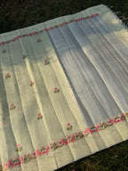 Linen Saree with Floral Embroidery – Mint Green
