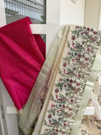 Linen Cotton Saree with Digital Floral & Bird Print – Beige & Rani Pink