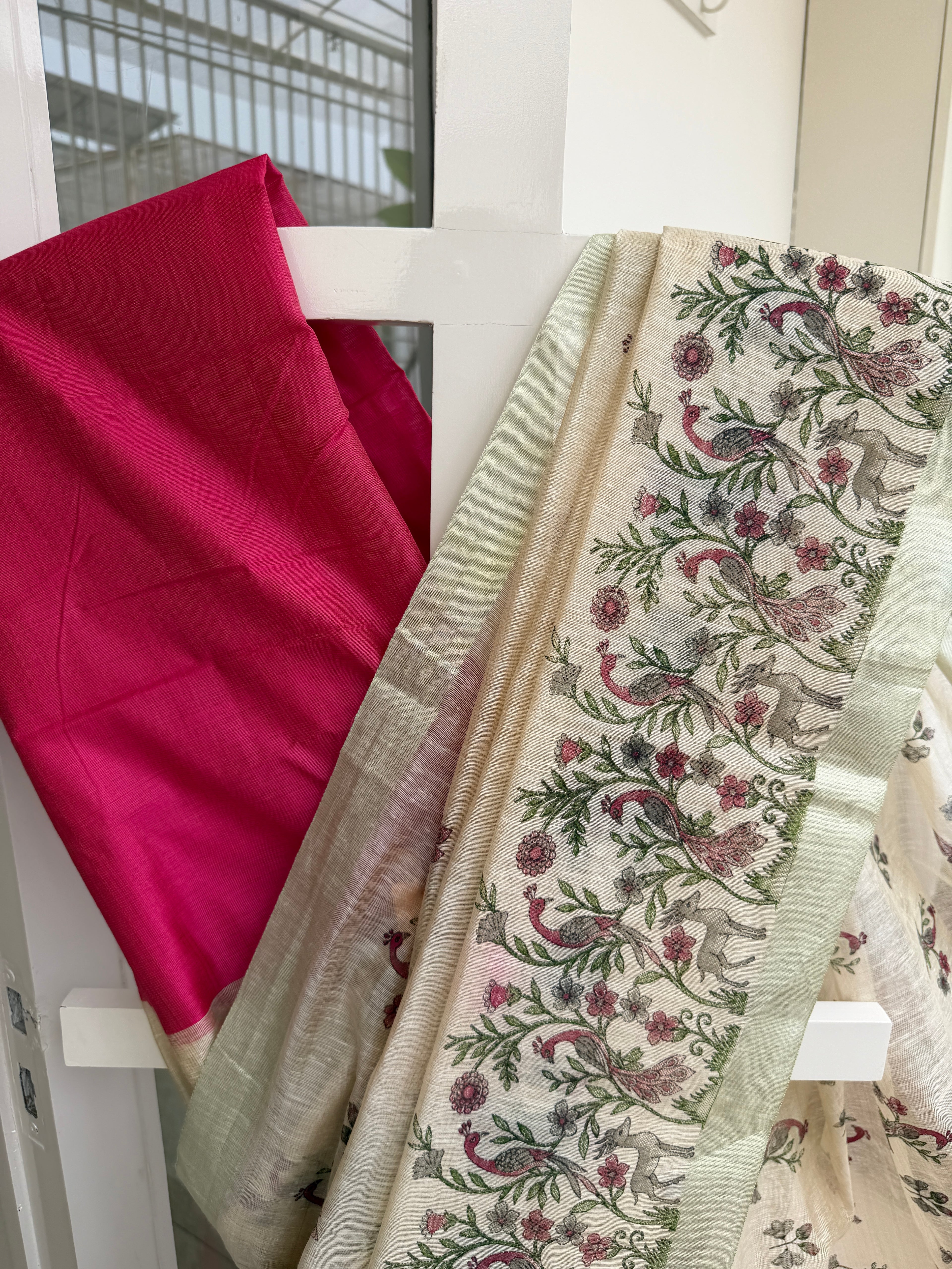Linen Cotton Saree with Digital Floral & Bird Print – Beige & Rani Pink