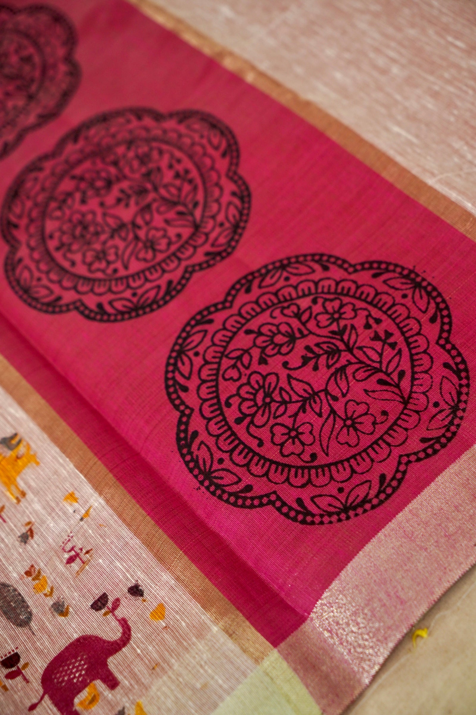 Cotton Linen Printed Saree -Pink