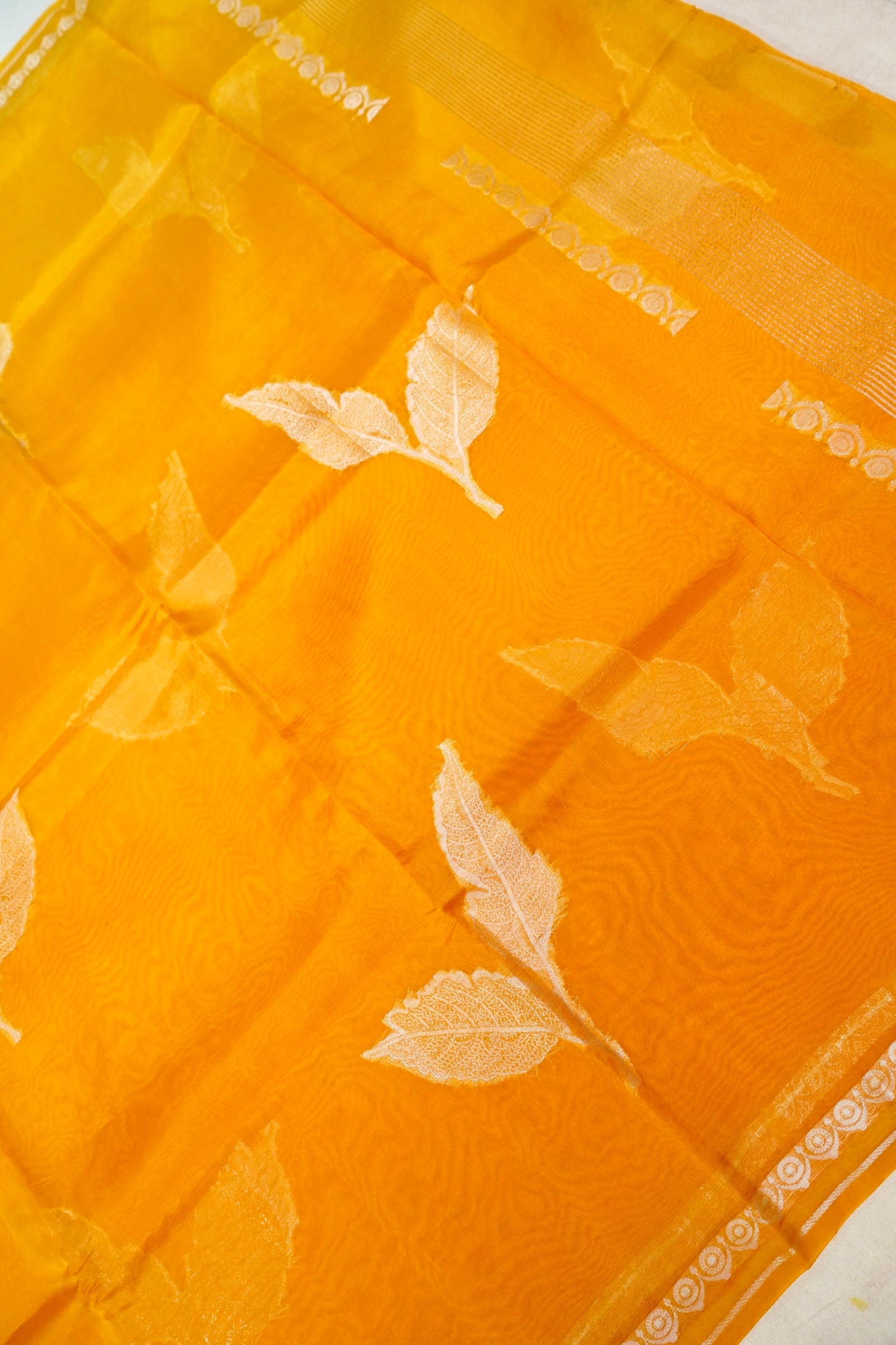 Ombré Paper Silk Saree with Woven Leaf Motifs  – Mustard Glow