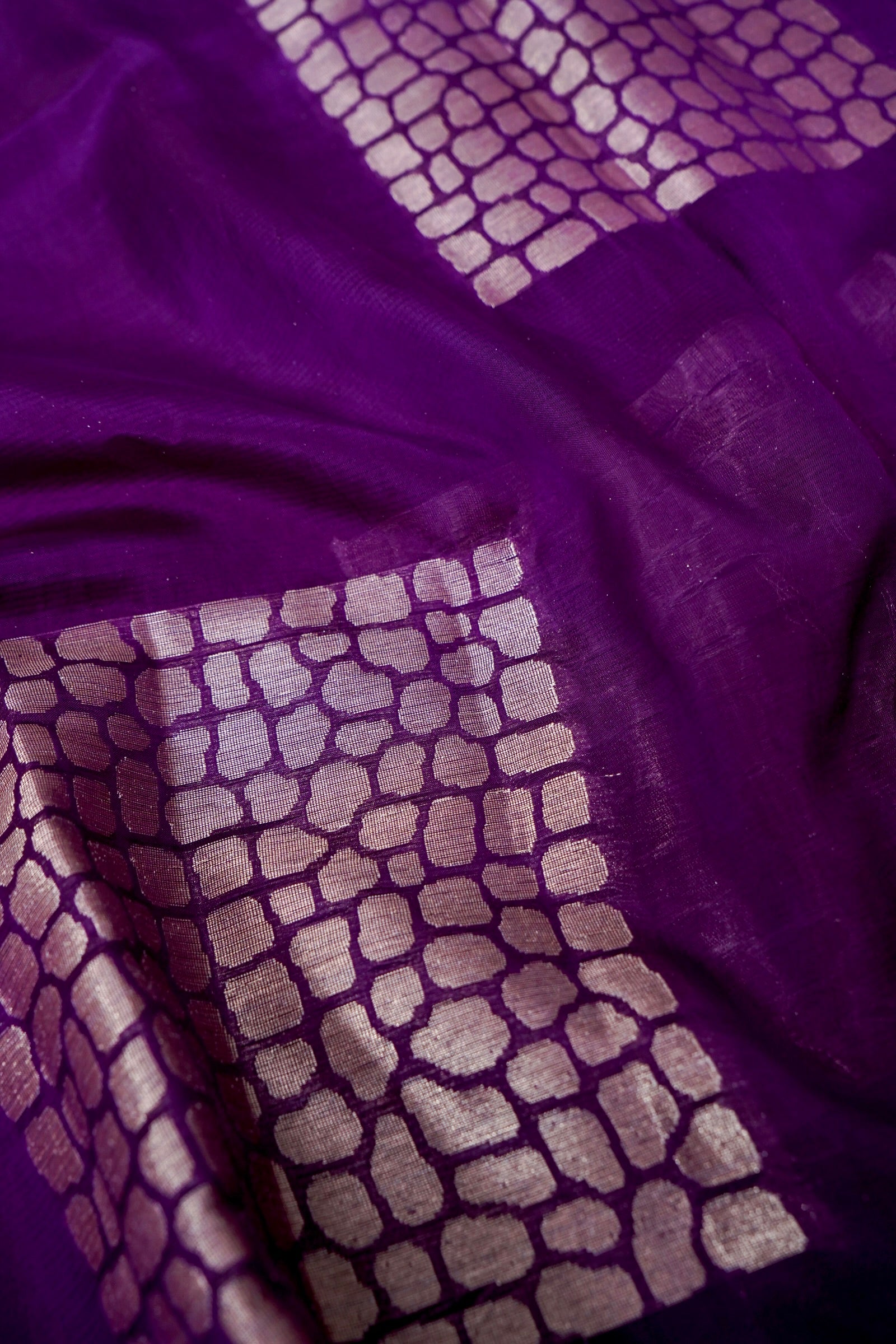 Ombré Paper Silk Saree with Geometric Square Motifs – Purple
