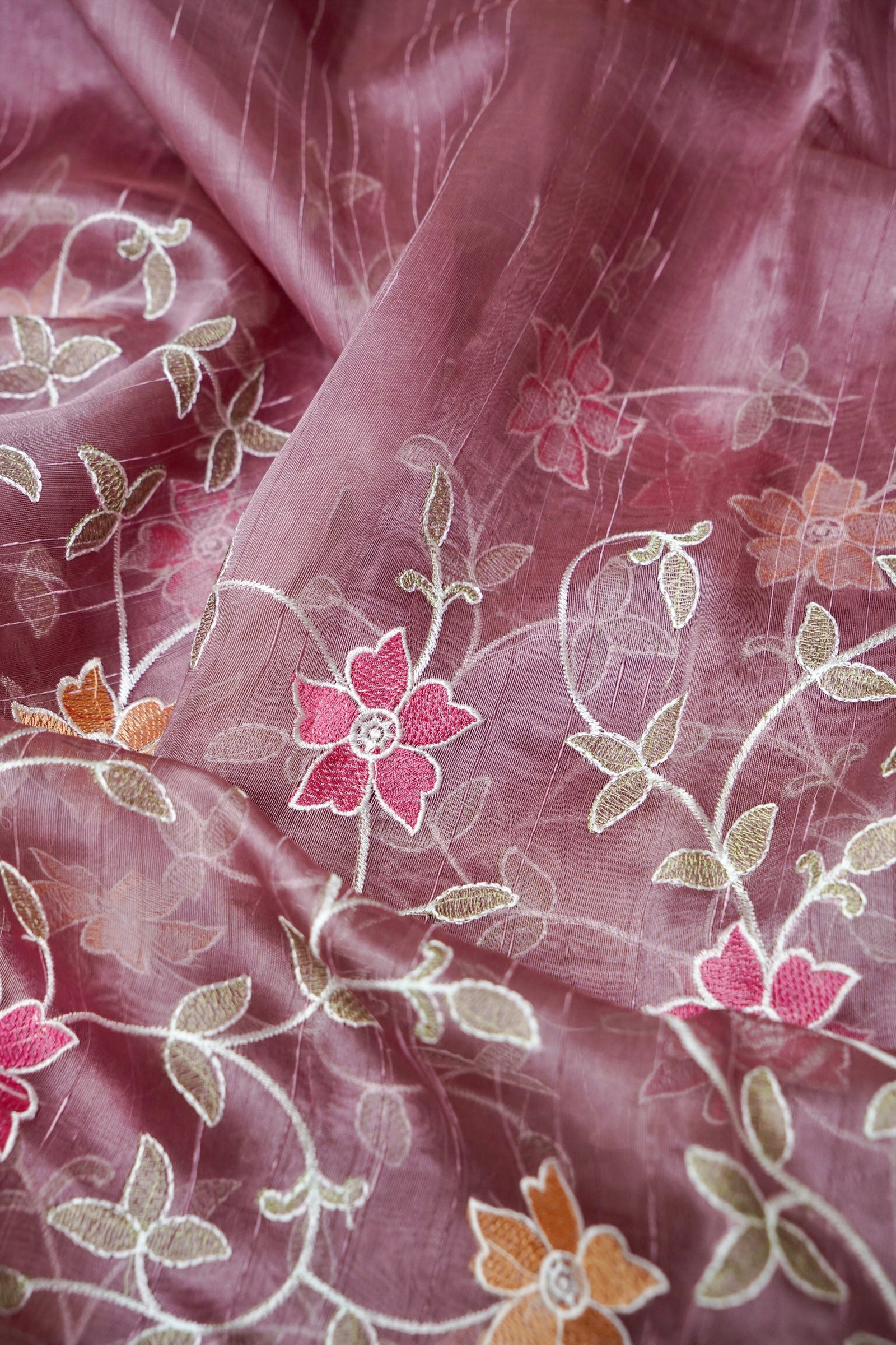 Raw Silk Saree with Flower and Petal Embroidery - Dusty Lavender