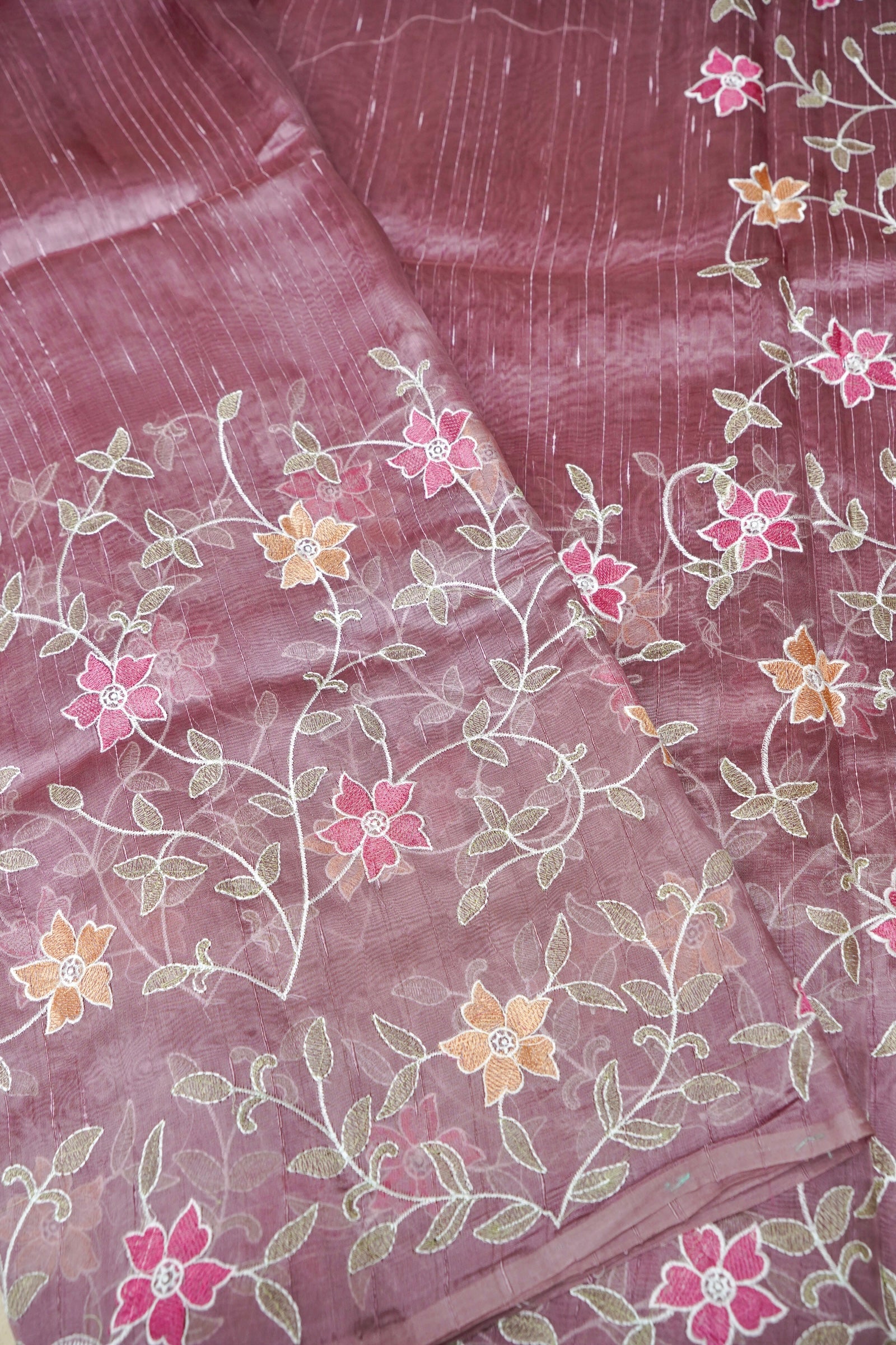 Raw Silk Saree with Flower and Petal Embroidery - Dusty Lavender