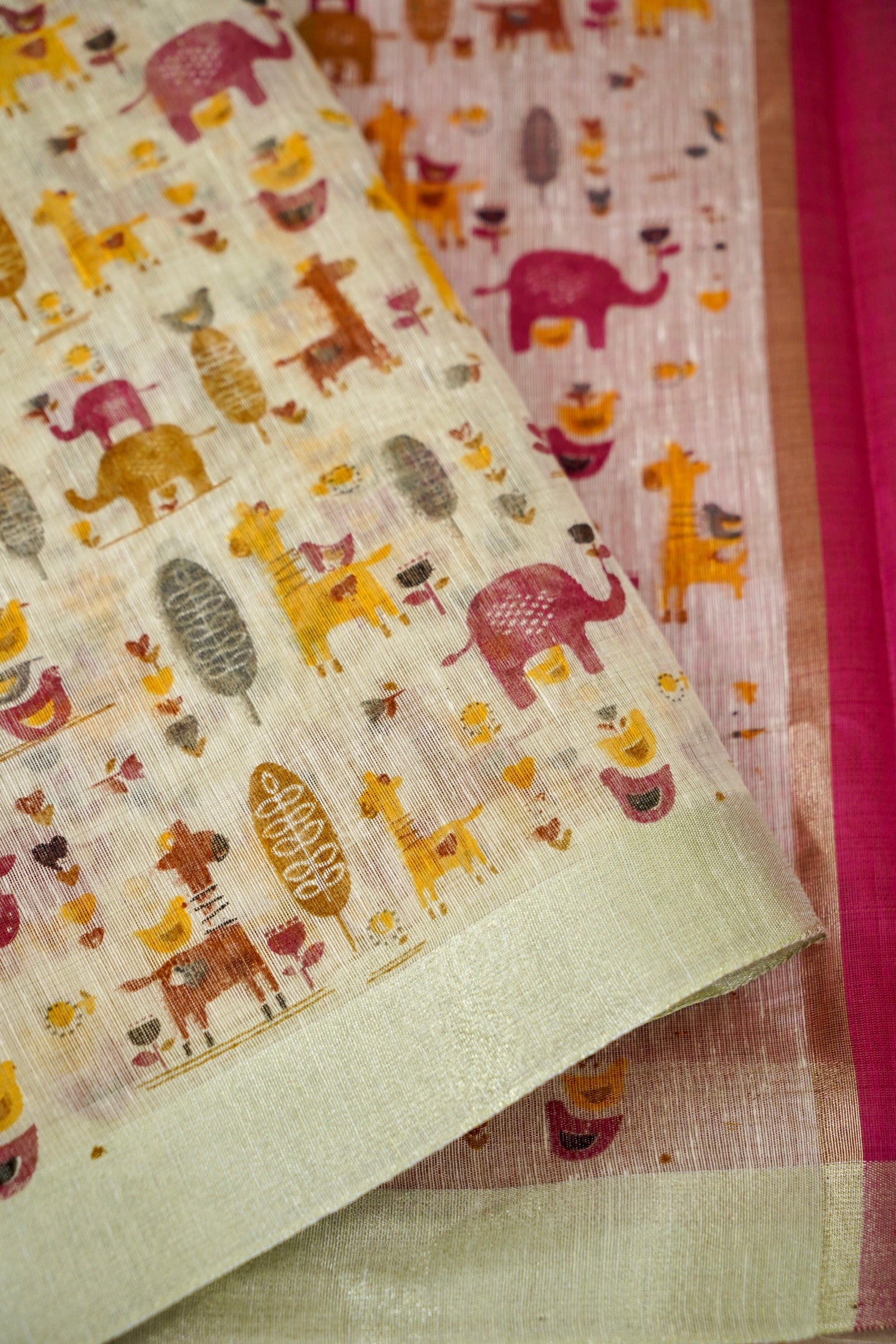 Cotton Linen Printed Saree -Pink