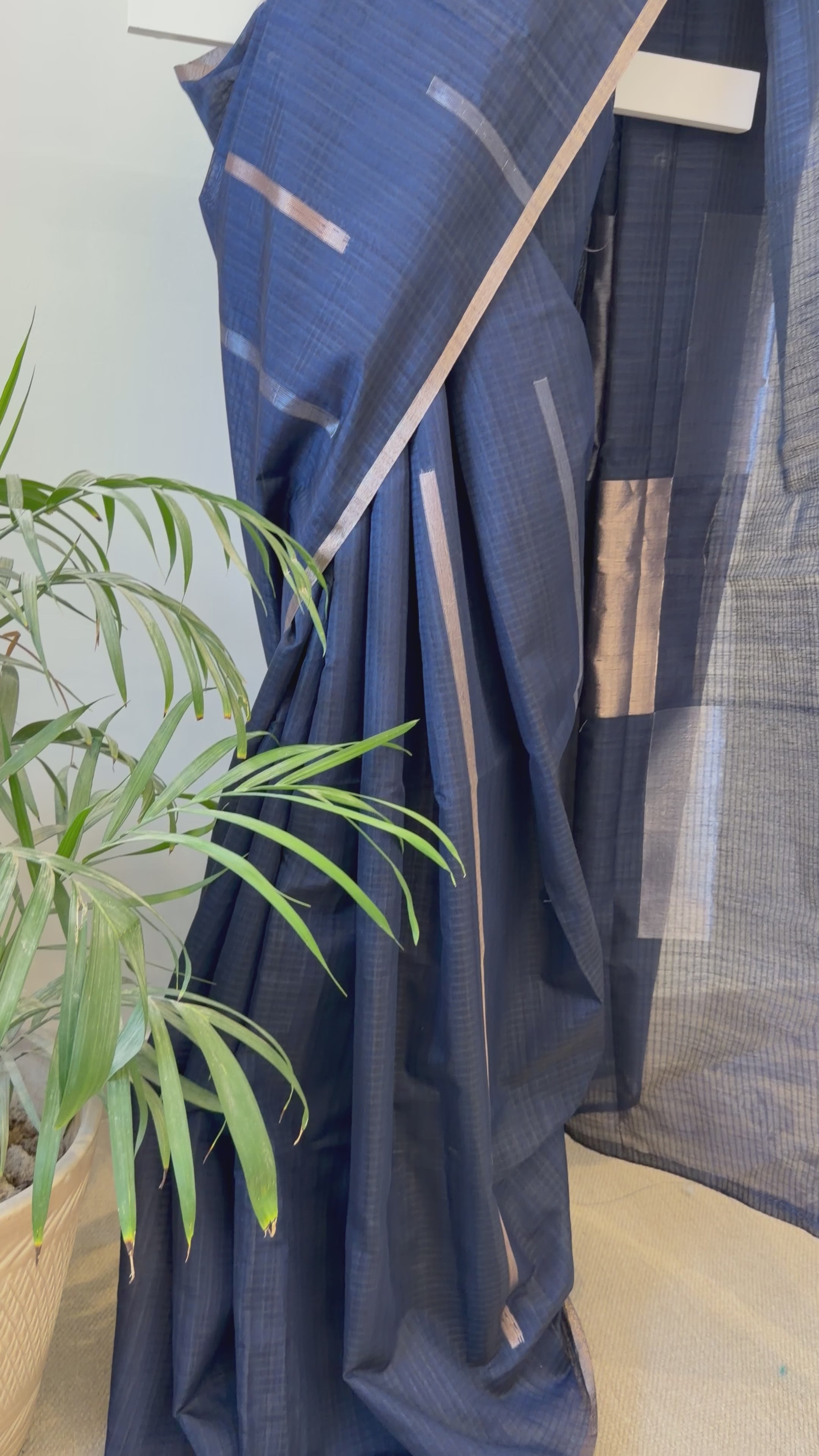 Handloom Tussar Silk Saree with Metallic Stripe Accents & Statement Pallu – Midnight Blue