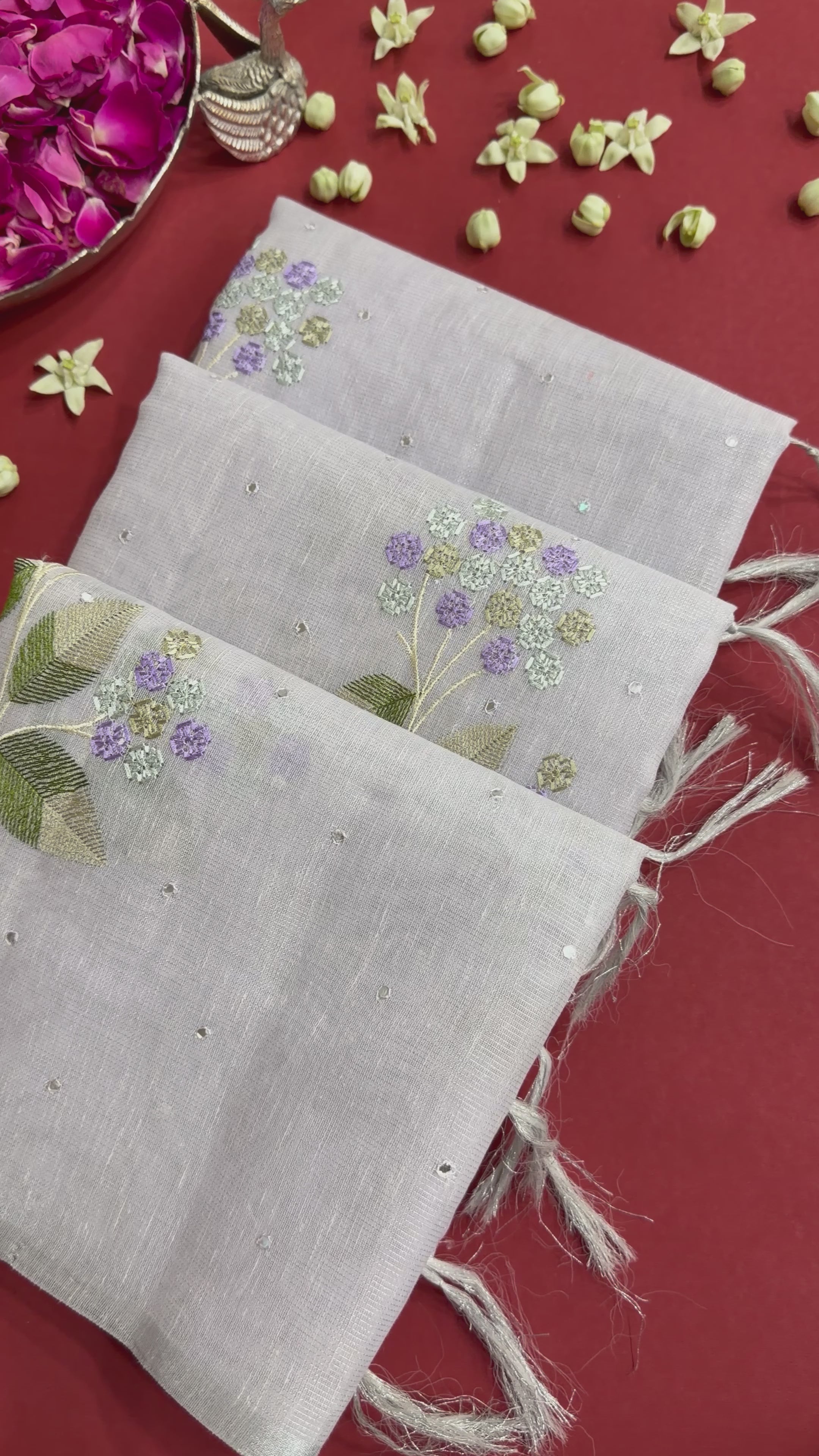 Linen Saree Floral Embroidery with Mirror Work – Lavender