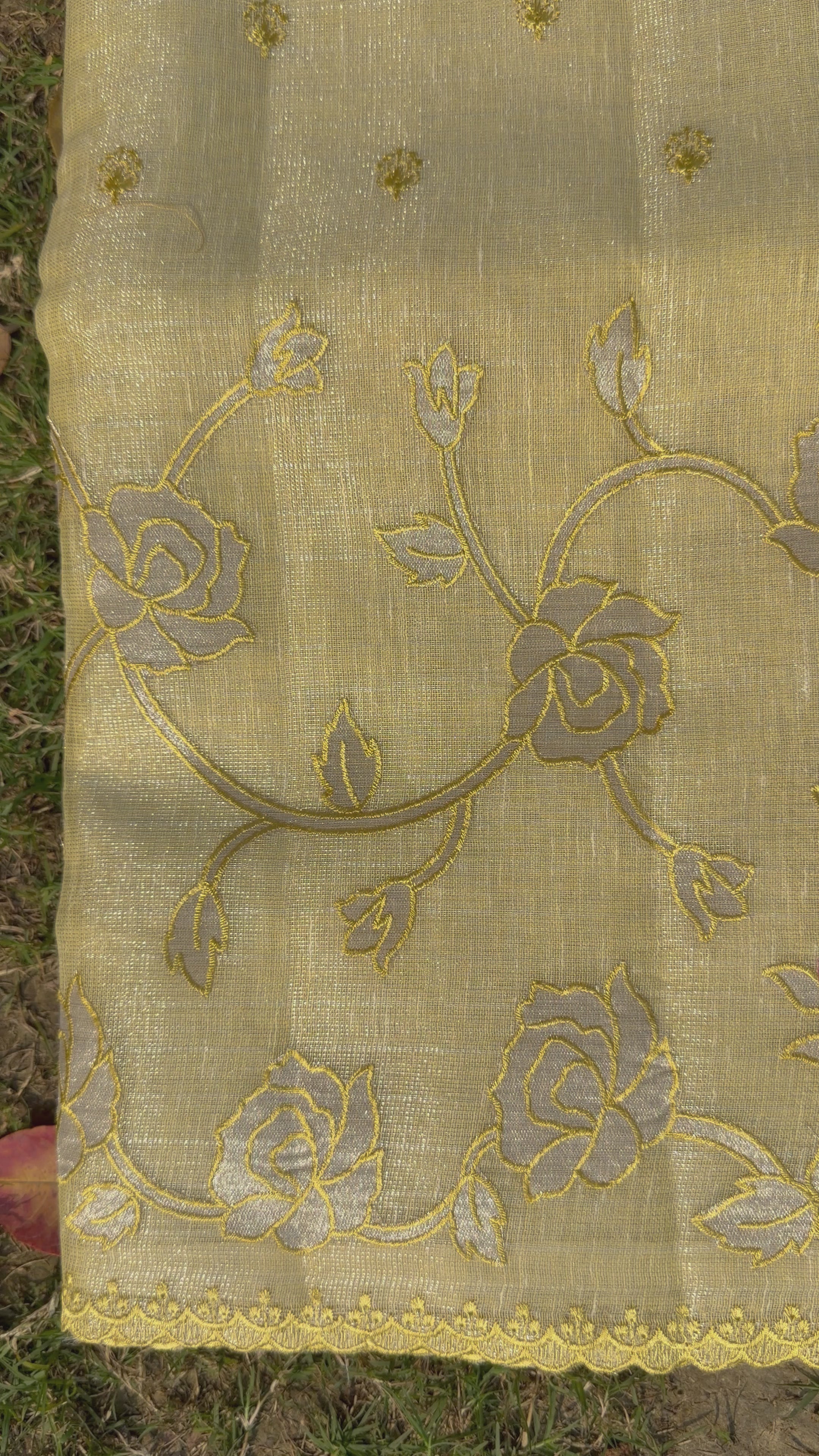 Linen tissue saree with applique work and scallop border - Lemon Yellow