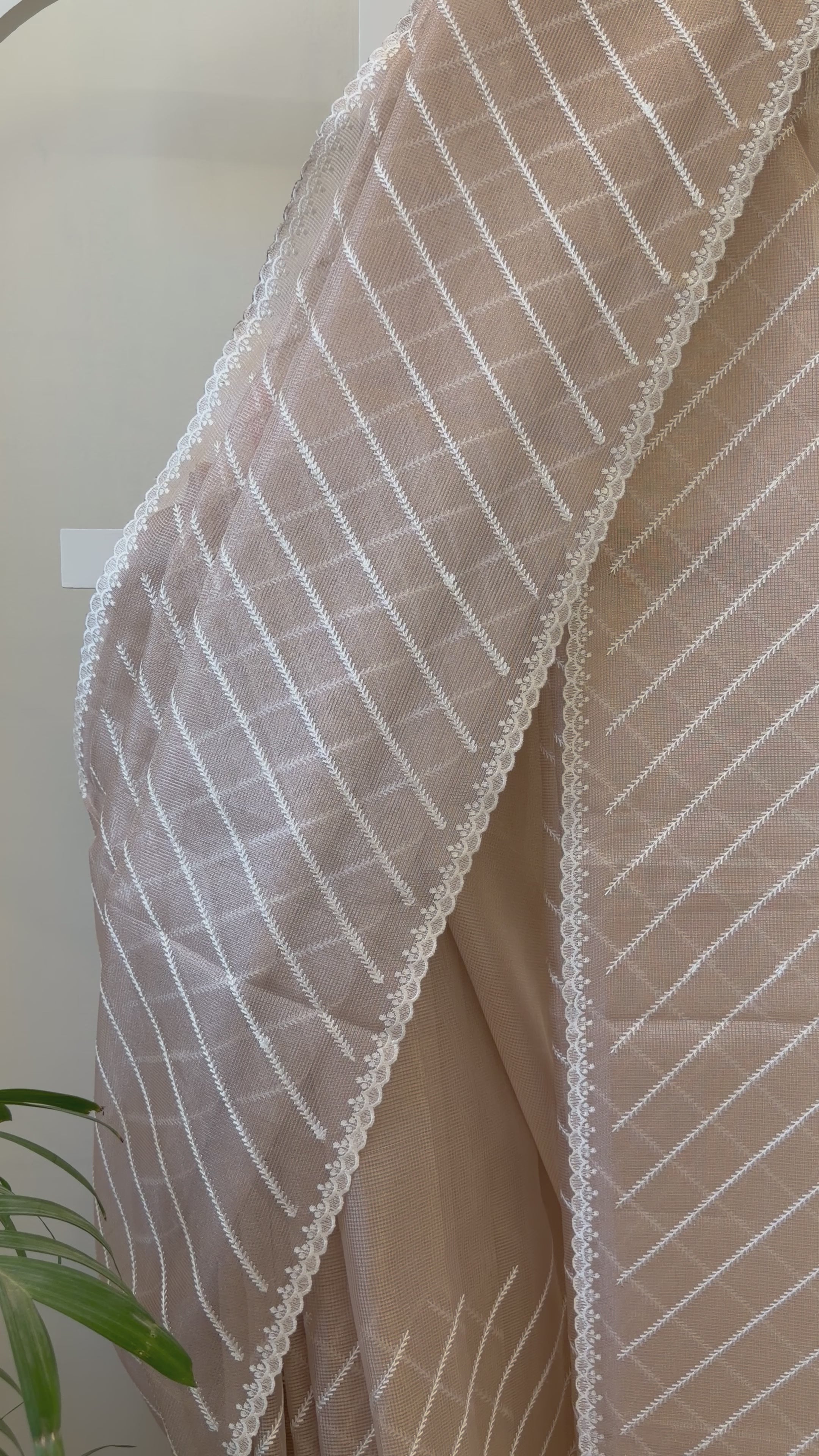 Tissue Saree with Diagonal Thread Embroidery- Rose Gold