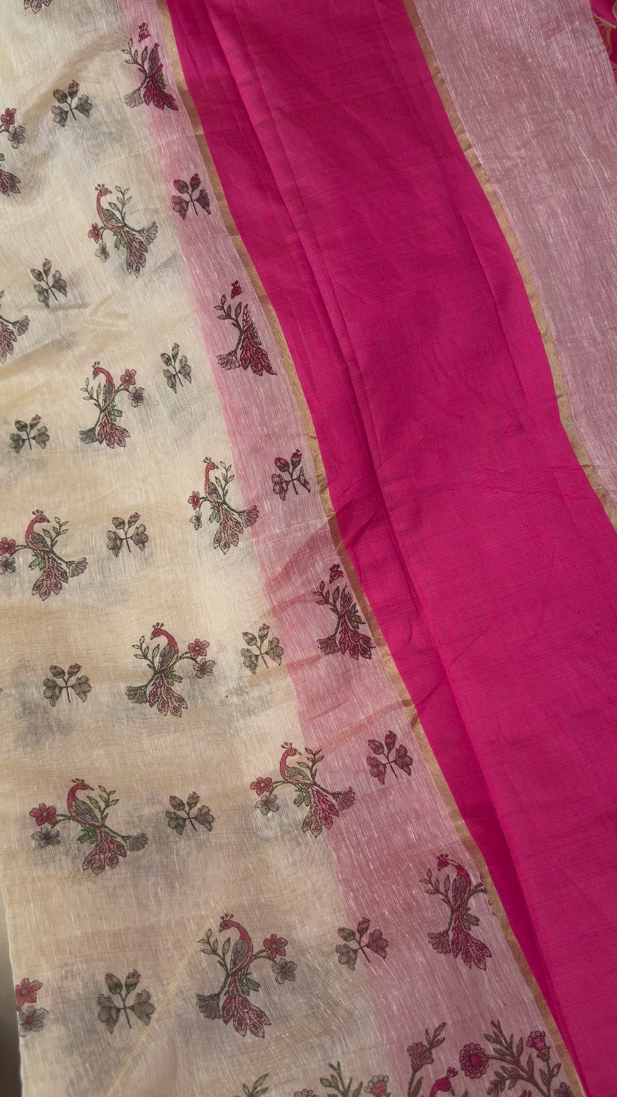 Linen Cotton Saree with Digital Floral & Bird Print – Beige & Rani Pink