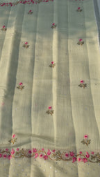 Linen Saree with Floral Embroidery – Mint Green