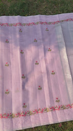 Linen Saree with Floral Embroidery – Lilac