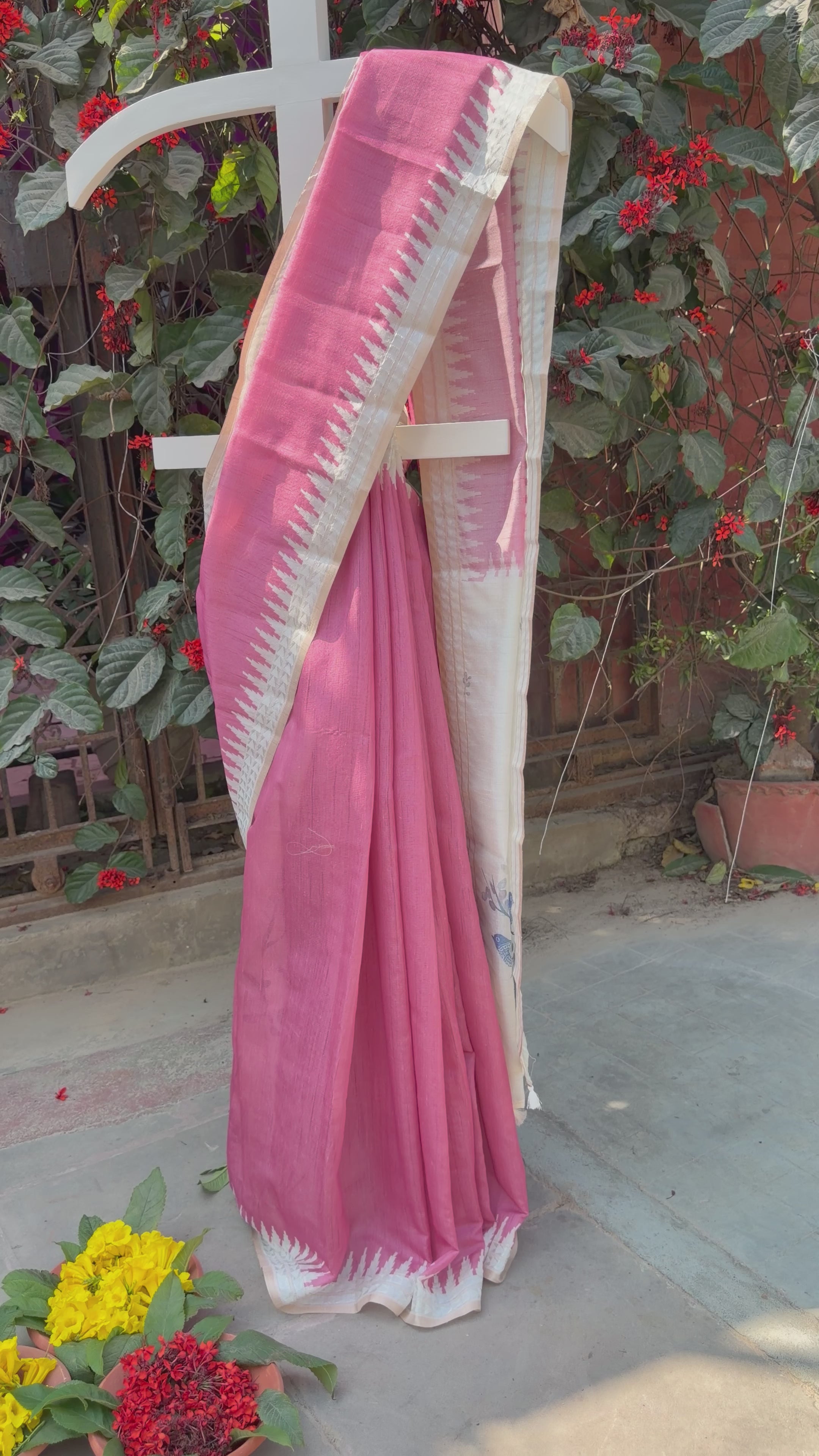 Linen Saree with Kalamkari Inspired Pallu – Rose Pink