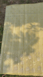 Linen tissue saree with applique work and scallop border - Lemon Yellow
