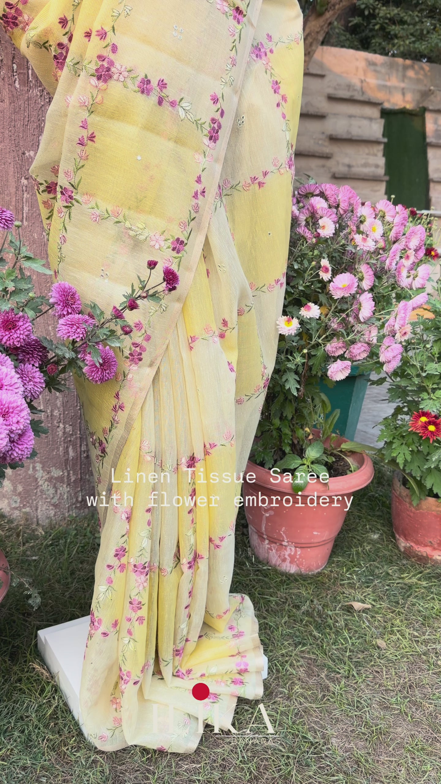 Rangkaat Linen Tissue with Flower Embroidery - Yellow