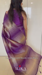 Deep Purple Metallic Gold Stripe Tissue Saree