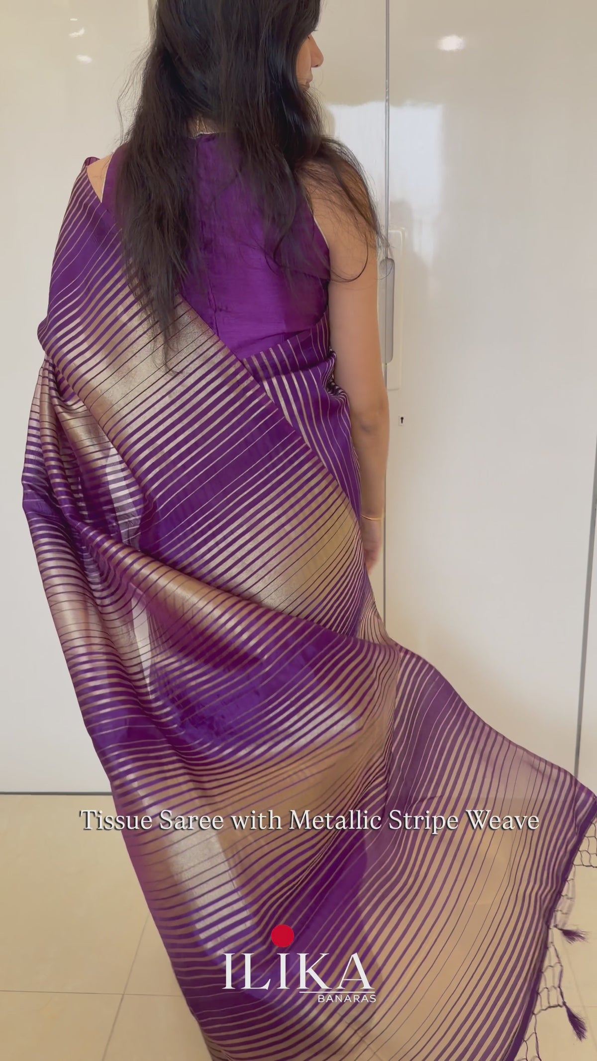 Deep Purple Metallic Gold Stripe Tissue Saree