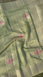 Pastel Pista Green Floral Georgette Banarasi Saree
