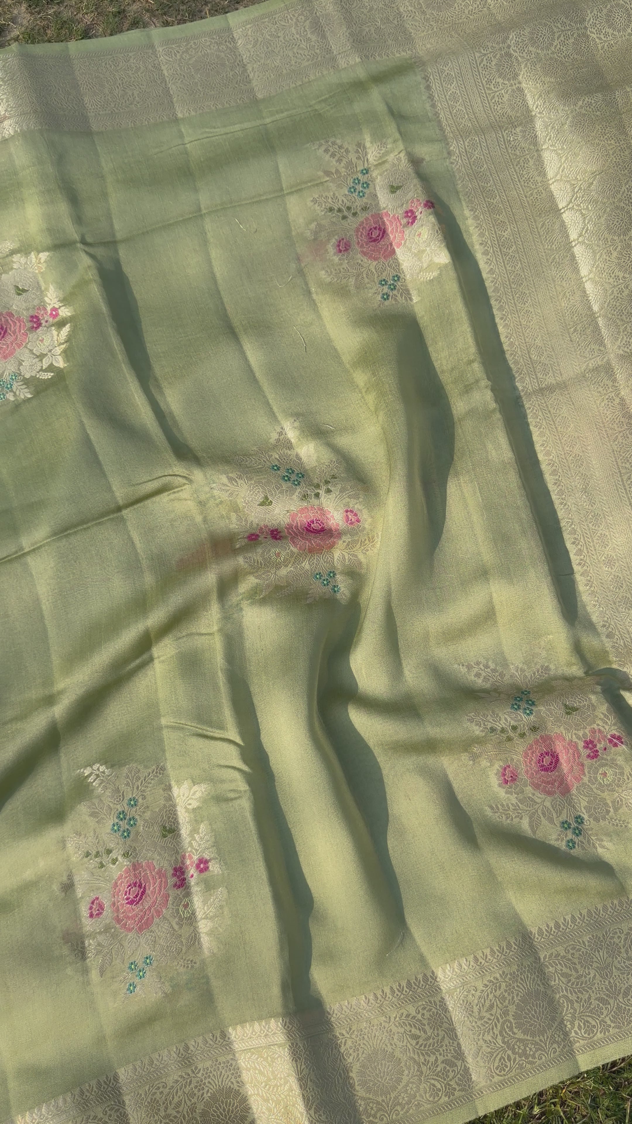 Pastel Pista Green Floral Georgette Banarasi Saree